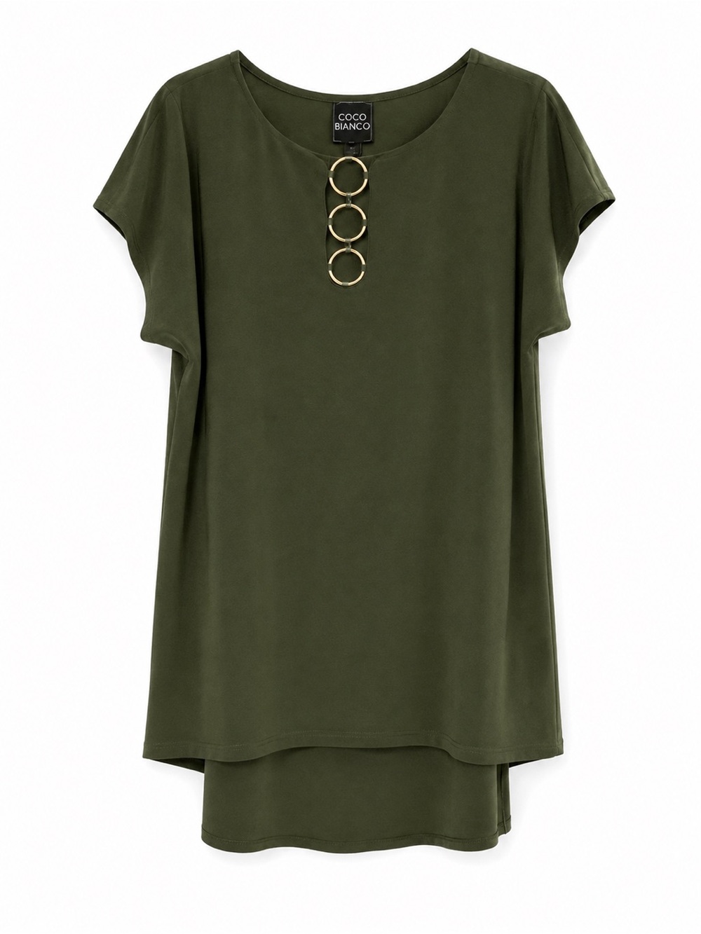 Coco Bianco Olive Green Short Sleeve Top with Gold Ring Detail